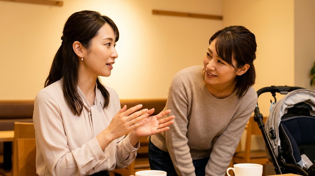 カフェで親密に話し合い、共感し合う二人の日本人女性。