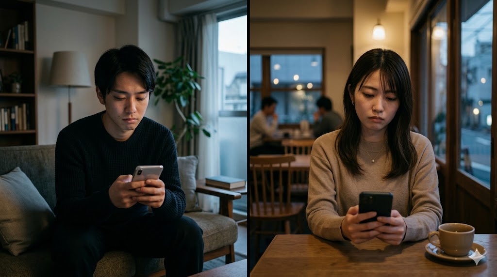 スマートフォンを手に、やり取りが滞っていることに少し残念そうな表情を見せる日本人の男女。