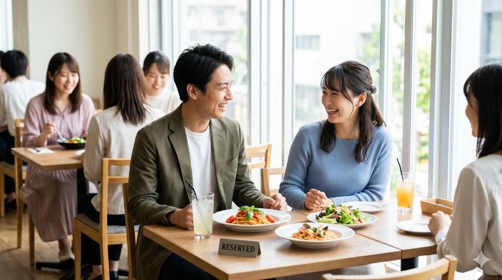 予約可能な駅近のおしゃれなカフェダイニングで、美味しいパスタランチを楽しみながら笑顔で会話する日本人カップル。自然光が差し込むリラックスした雰囲気。