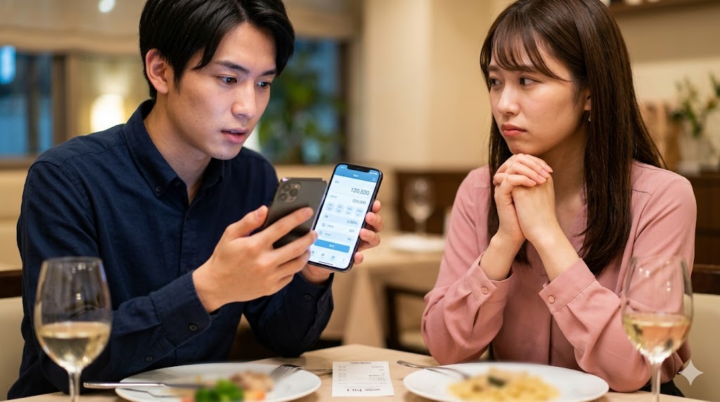 レストランのテーブルで、スマホの割り勘計算アプリを操作する日本人男性と、それを見て少し落胆し気まずい表情を浮かべる日本人女性。初デートでの会計シーン。