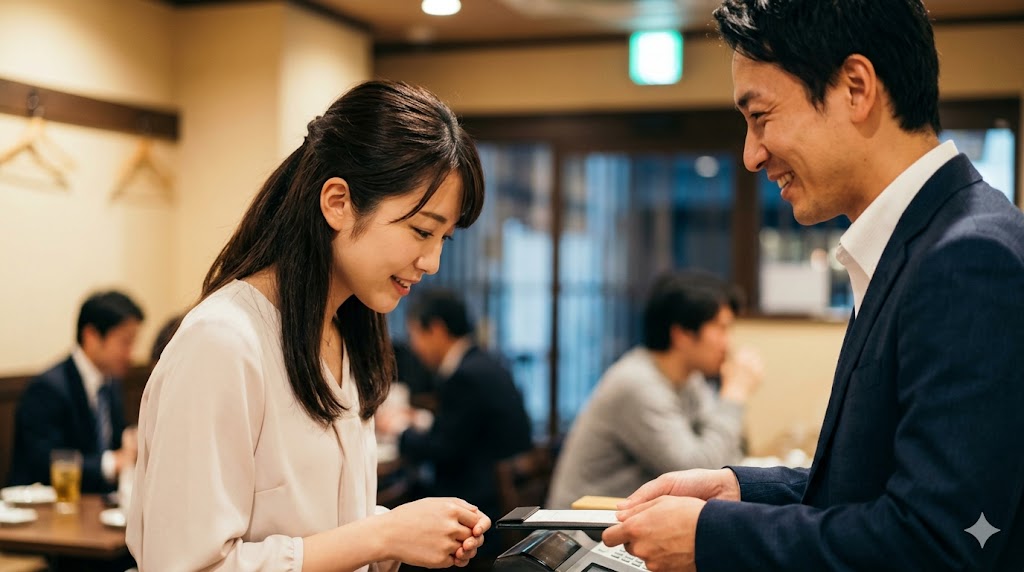 デート後のレストランで、食事をご馳走になった日本人女性が笑顔で男性に感謝を伝える様子。