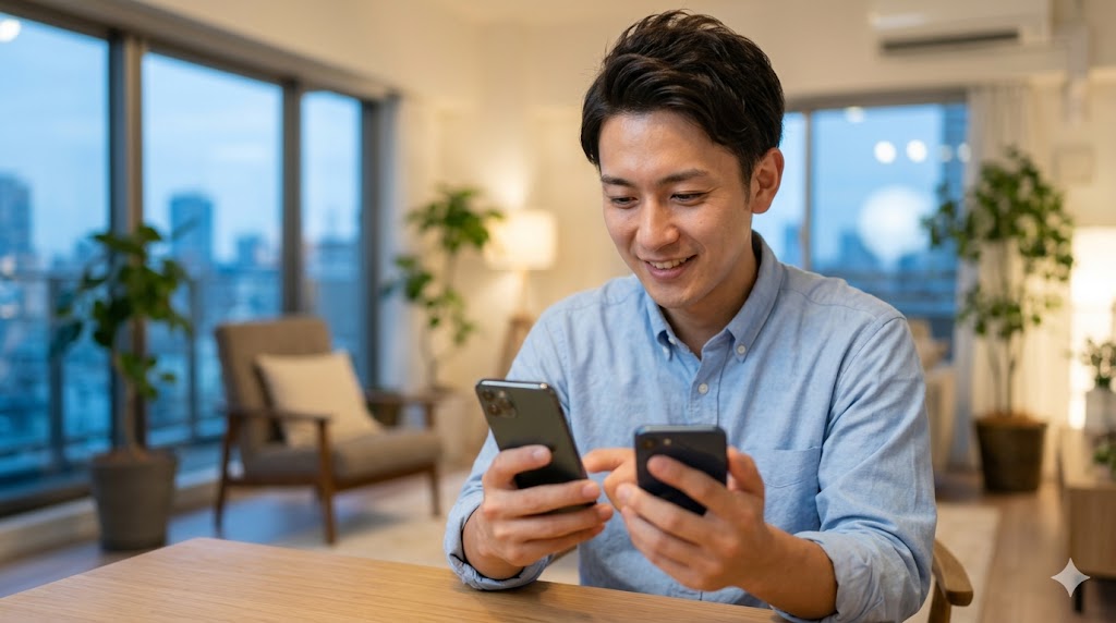 2回目デートに誘うため、スマートフォンで自然なLINEメッセージを送る日本人男性。