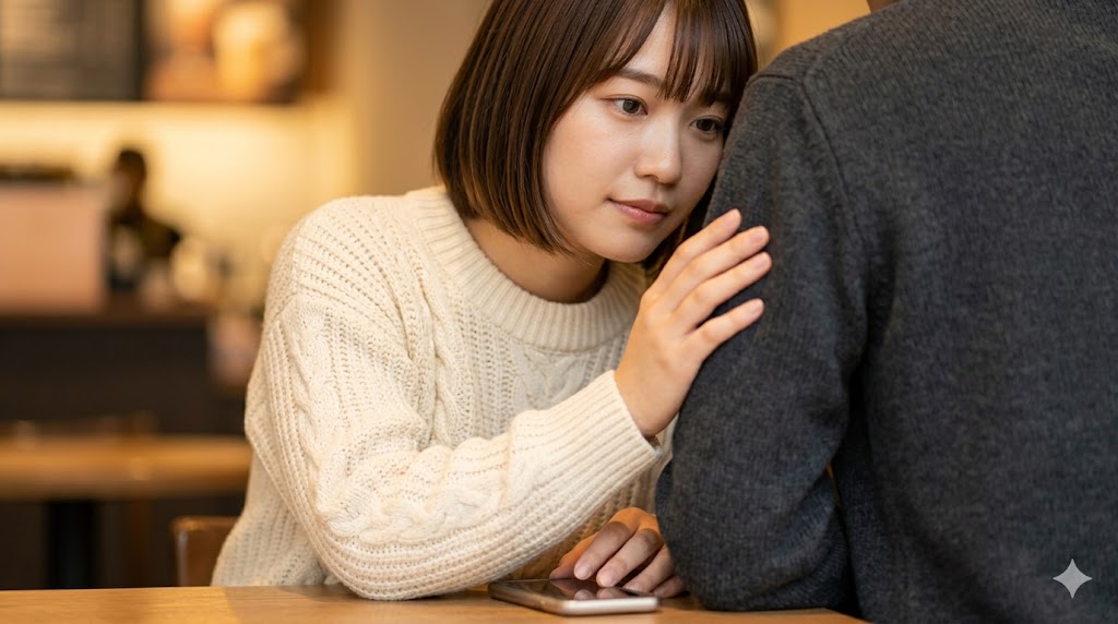 東京のカフェで、交際が決まった日本人カップルの女性（前作image_1.pngの女性）が、テーブルの上のスマートフォンをじっと見つめている。隣の男性（前作image_0.pngの男性）は不在だが、彼女はスマートフォンの画面にあるマッチングアプリのプロフィール表示と、ホーム画面でのアプリ削除の違いを視覚的に理解しようとしている。前作と同じ温かいカフェの照明と木目調テーブルが、連続性を保っている。