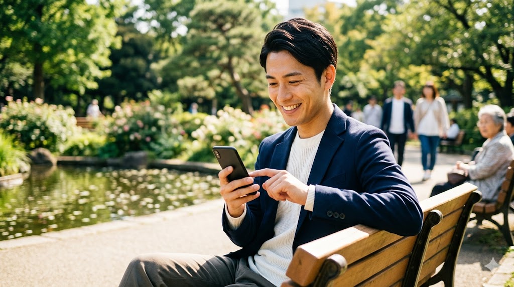 晴れた日の公園で、楽しそうにスマートフォンを操作しながら、理想のパートナーとの出会いを夢見る日本人男性。E-E-A-T向上のためのイメージ。