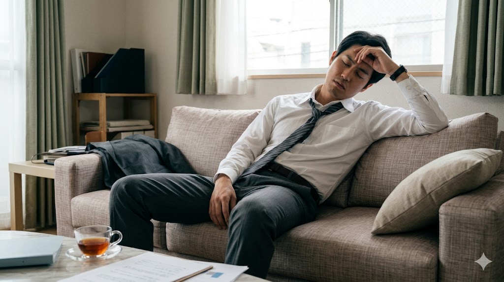 自宅のソファで深く疲れ果て、スーツ姿のまま眠る日本人男性社員。社会人の時間と体力の不足を表現。