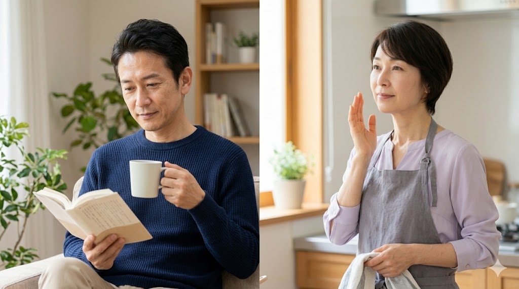 夜の静かな室内で読書を楽しむ50代の日本人男性と、キッチンで家事をしながらふと自分の時間を意識する50代の日本人女性。
