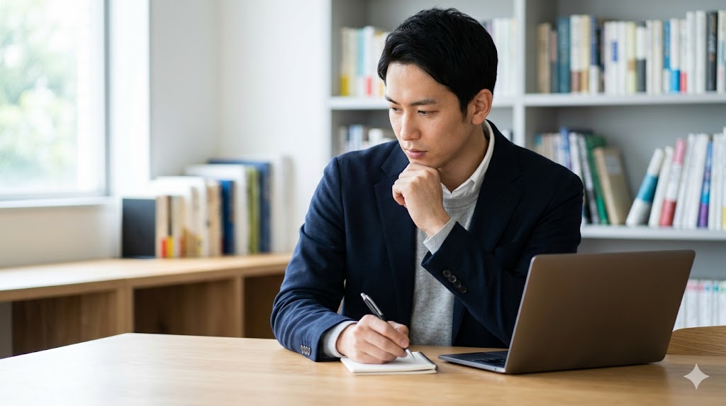 自宅のデスクで集中してPC作業やノートテイクに取り組む、賢そうな若い日本人男性。一人の時間を活用し、自己研鑽や探求に没頭する様子。