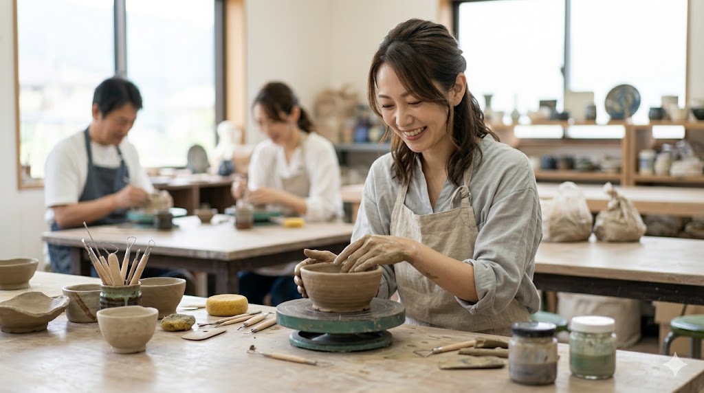 山梨の静かな自然の中でリラックスし、心のバランスを整える日本人女性。
