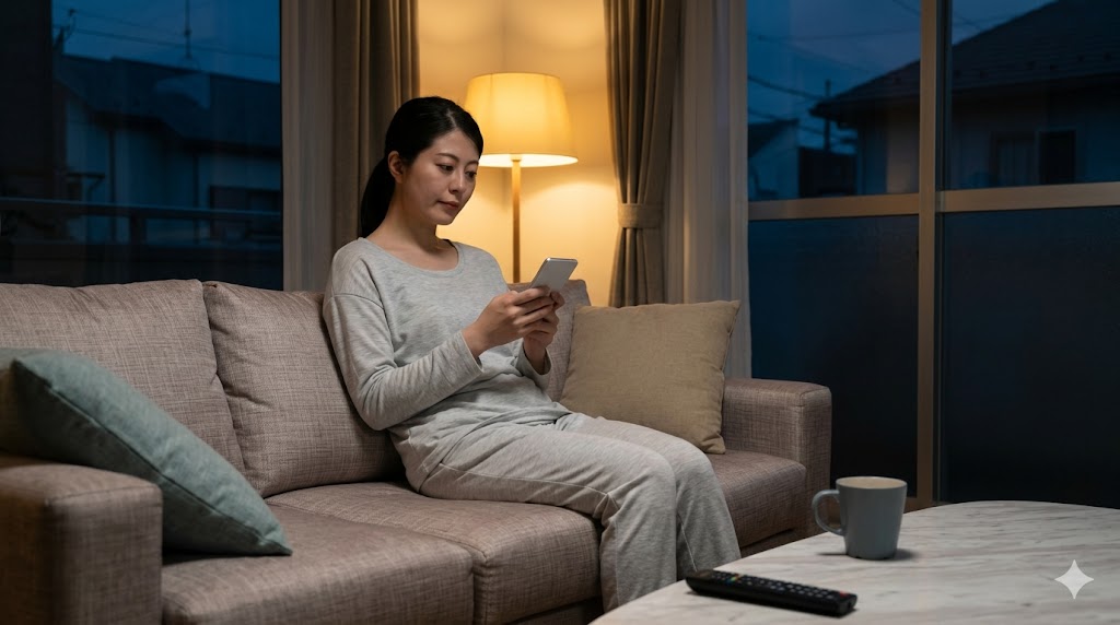 休日の夜、一人で薄暗い部屋のソファに座り、スマートフォンの画面を寂しげに見つめる日本人の女性。