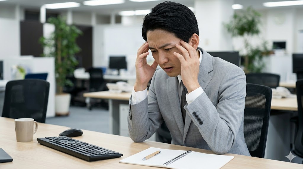 職場で、デスクに置かれた大きなヴィンテージの目覚まし時計を呆然と見つめる、ビジネスカジュアル姿のアジア人女性。納期遅れや時間管理の欠如を象徴するイメージ。