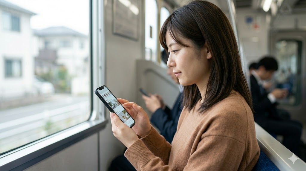 電車の座席で一人、他人のSNS投稿をひたすらスクロールして見ている日本人女性。