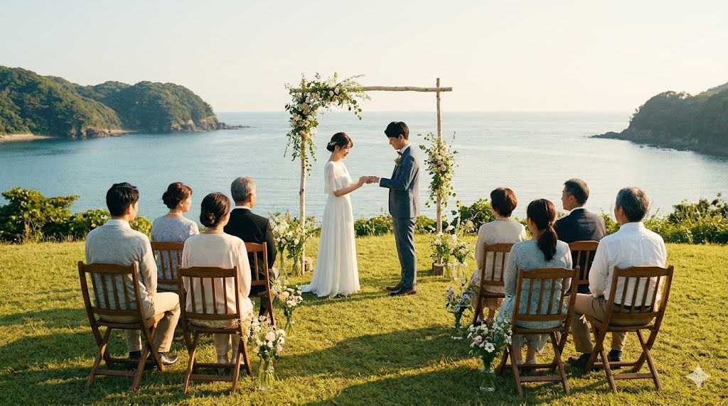 海の見えるアットホームな場所で、親族のみを招いて行われる少人数の結婚式。友達が少なくても安心な多様な式スタイルを提案。