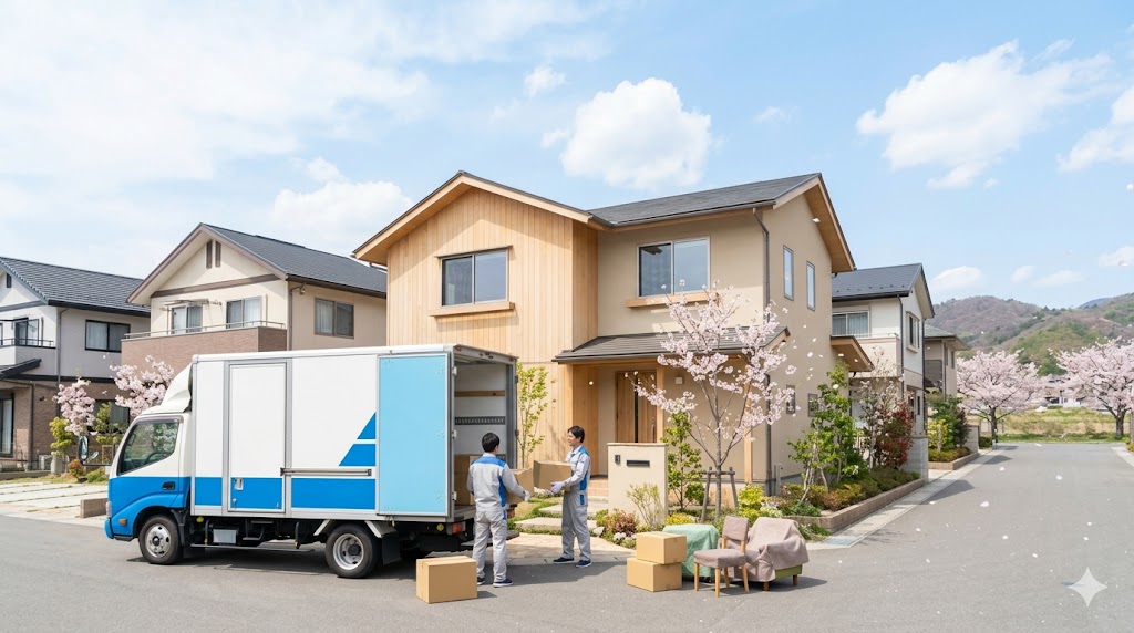 春の晴れた日に、日本の閑静な住宅街で引っ越し作業をする様子。ライフステージの変化に伴う環境の移行を象徴する風景。