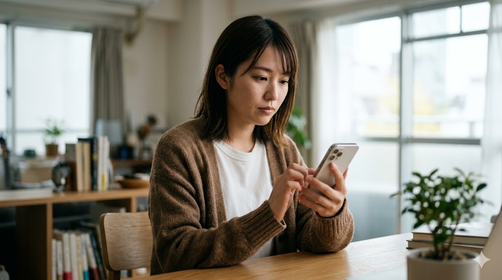 自宅のリラックスした環境で、自身の魅力を誠実に伝えるために、真剣な表情でプロフィールの自己紹介文を推敲する日本人女性の様子
