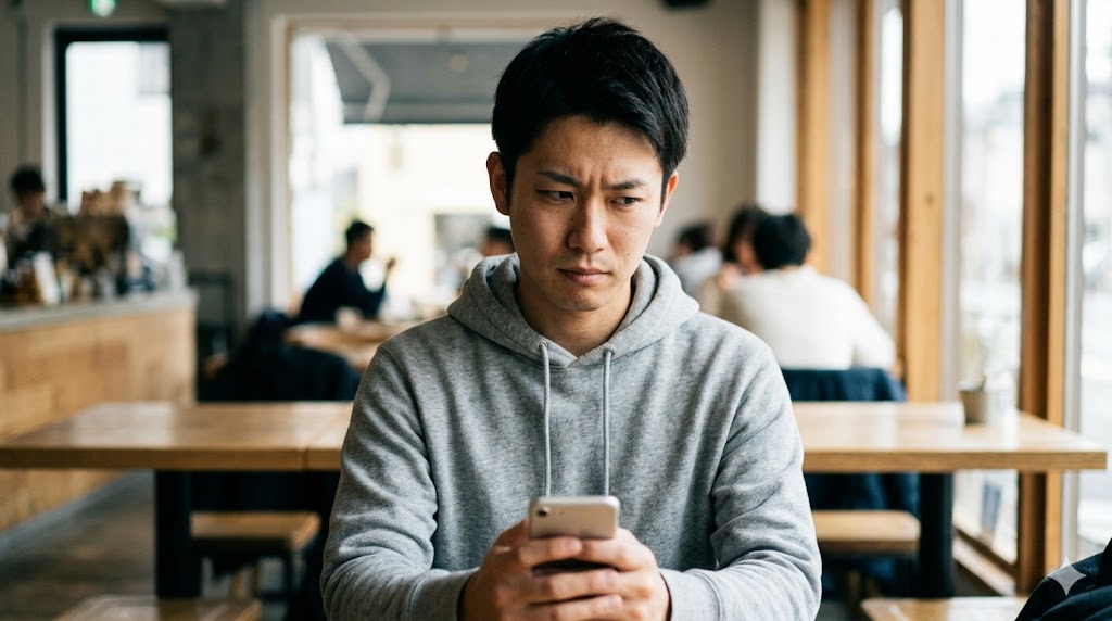 アプリ内のメッセージで別のサイトへ不自然に誘導され、不審な表情を浮かべる日本人男性。サクラや業者の罠を見抜く。
