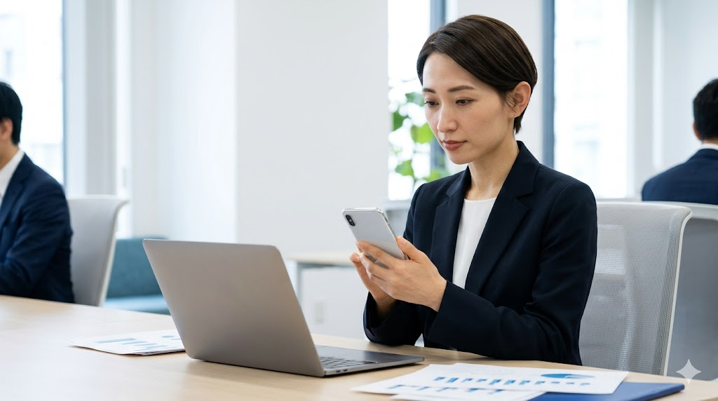 オフィスデスクでPC作業中に、スマートフォンを他人に画面が見えないよう配慮しながら操作し、通知設定を調整する日本人女性の様子。清潔感のあるオフィス環境で、セキュリティへの意識が感じられる。