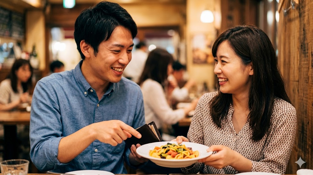 レストランで楽しそうに食事をする日本人カップル。男性がスマートにエスコートし、頼りがいのある雰囲気を演出。