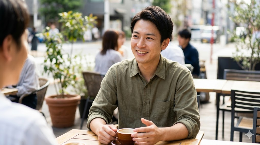 カフェのテラス席で友人と談笑し、自然な笑顔を見せる日本人男性の他撮り写真