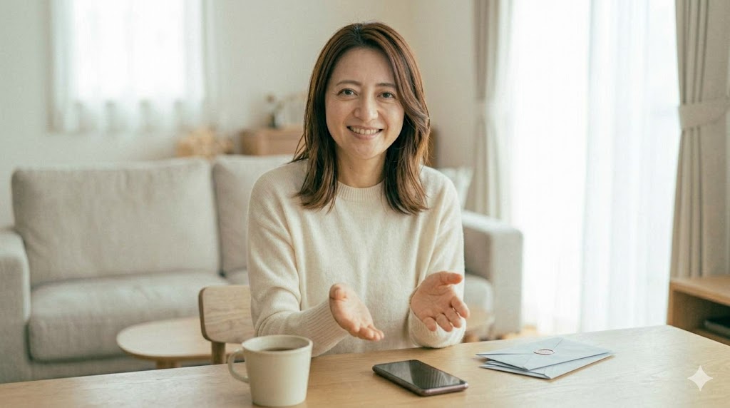 マッチングアプリで収入証明が完了し、満足の表情を浮かべる日本人女性