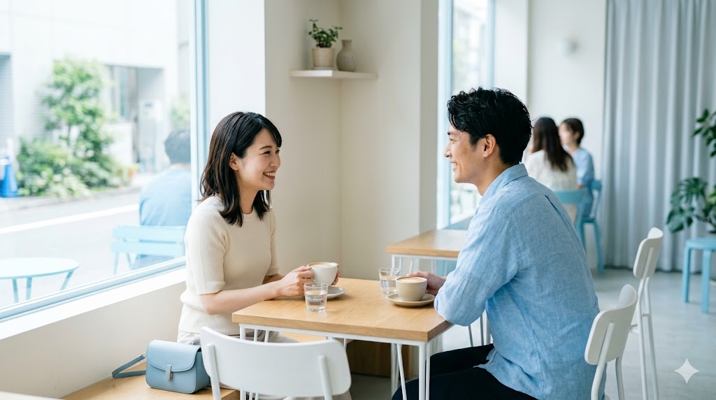 マッチングアプリで知り合った男女がお昼にカフェでデートする姿
