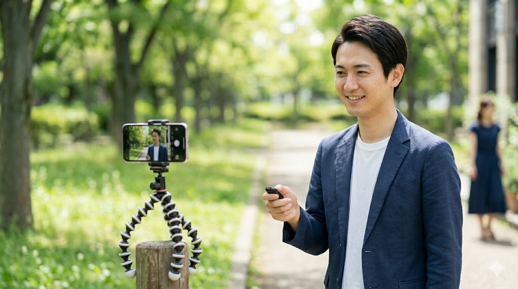 公園でスマホ用三脚とBluetoothリモコンを使って、自然な距離感で自撮り（他撮り風）をする日本人男性。マッチングアプリの写真を自分で用意するテクニック。