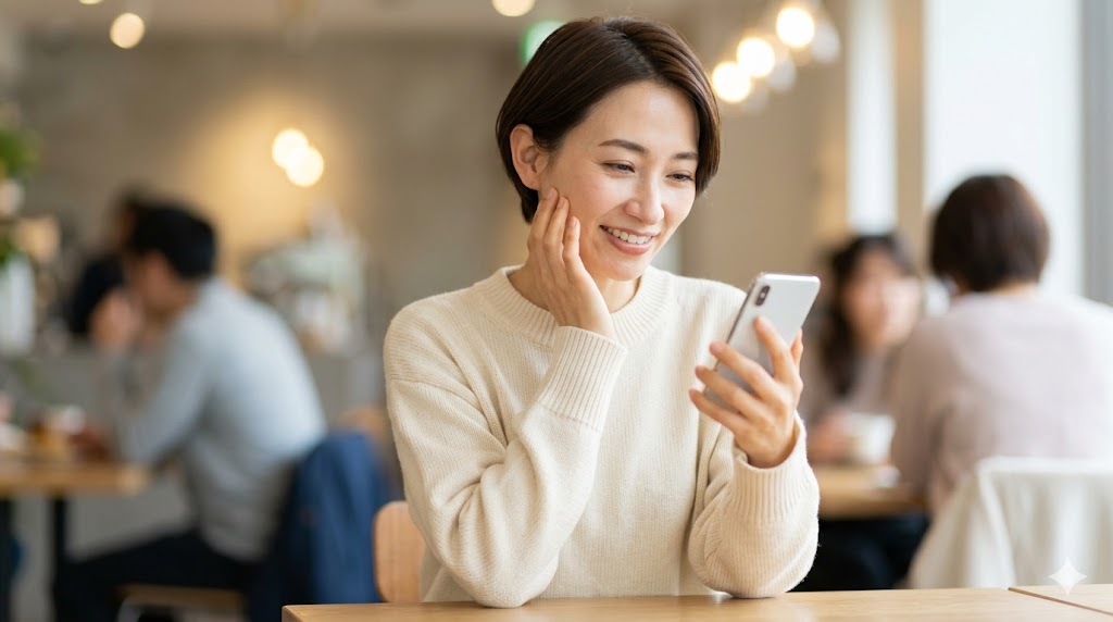 マッチングアプリで、女性から積極的に最初の話題を振る日本人女性。カフェでスマートフォンを手に、笑顔でメッセージを送る様子。