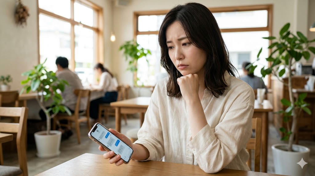 スマートフォンを眺め、相手からの質問がないことに悩む日本人女性