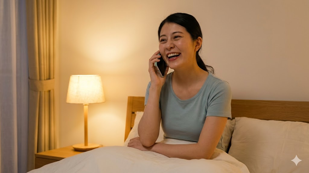 夜、自室のベッドでリラックスしながら、楽しそうにスマホで通話をする日本人女性