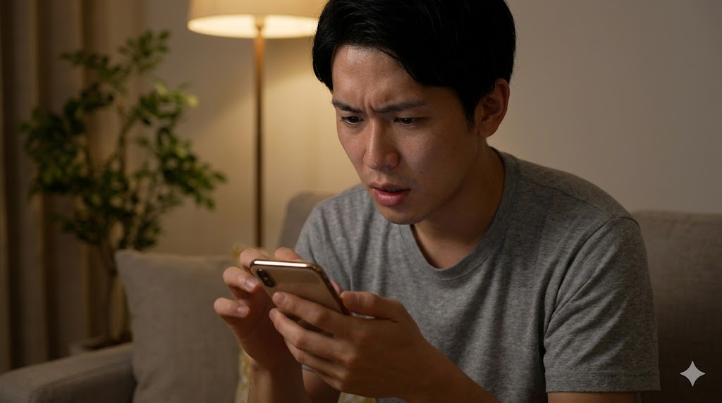 焦りや不安な表情で、スマホの画面に向かって連続してメッセージを入力しようとする日本人男性の手元