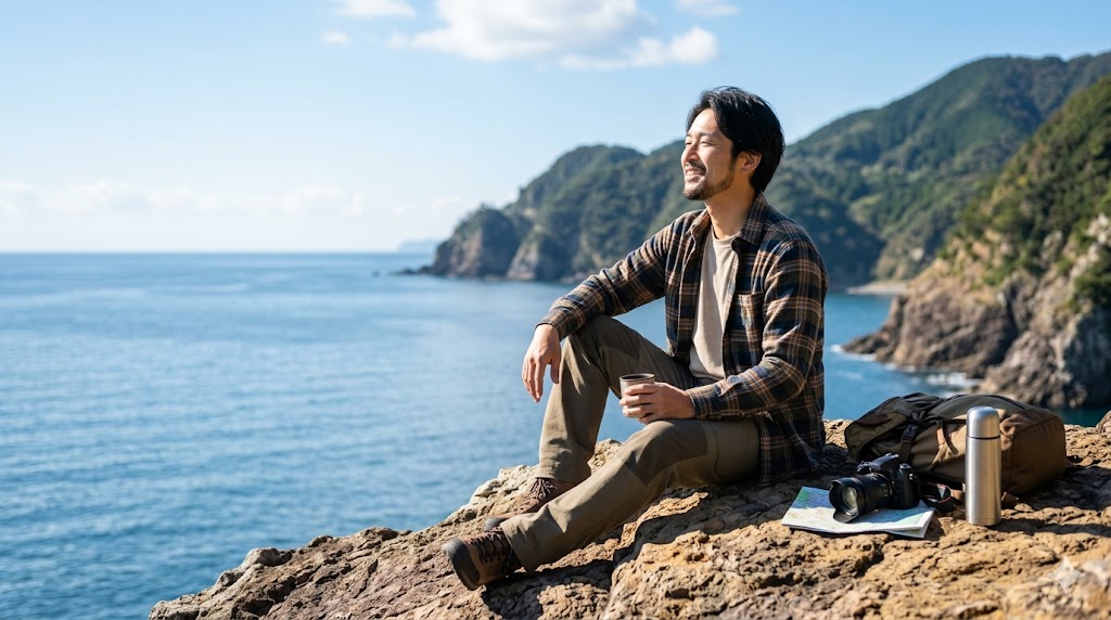 自由と穏やかな孤独：日本の海岸沿いの崖で、一人で海を眺めながらリラックスし、完全に自由な時間を楽しむ日本の男性。ストレスフリーな環境を体現している。