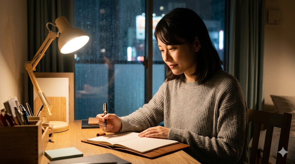 雨の夜、デスクライトの灯りの下で一人、ノートに本音を書き出そうと思案する日本人女性。孤独への不安を解消するための自己分析を表現。