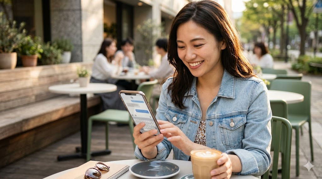 丁寧で共感できるメッセージを受け取り、嬉しそうに返信を打つ日本人女性
