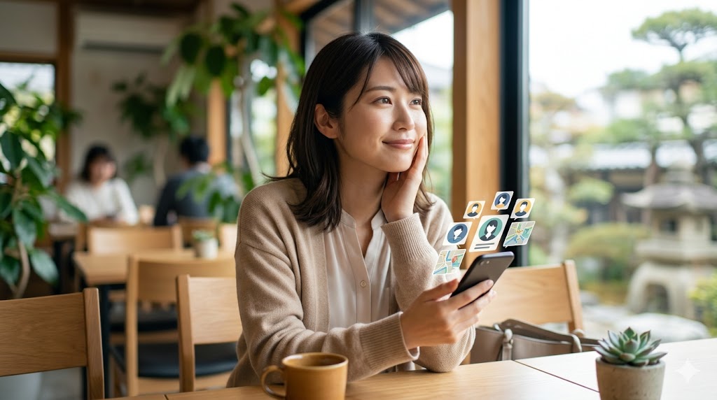 自分の性格やペースに合ったアプリやサービスを選ぼうとしている、受け身な女性。