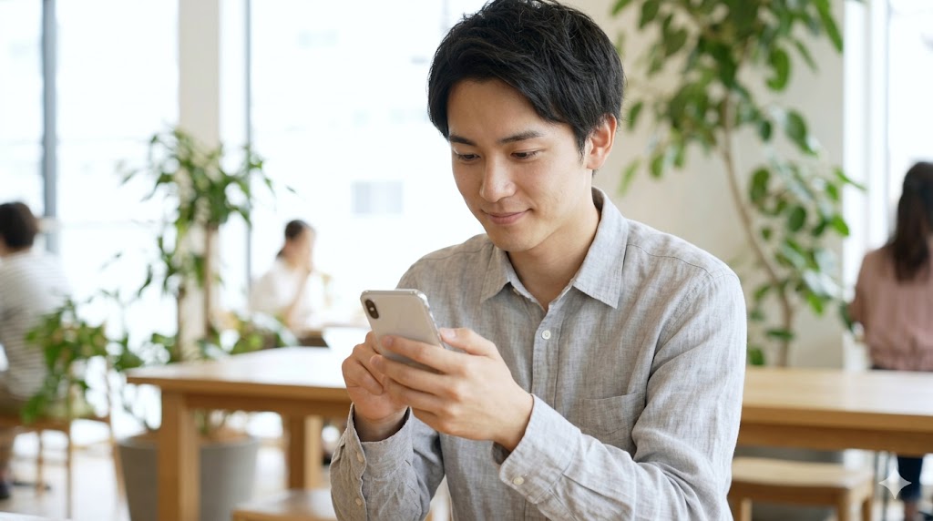 過去の遅れを気にせず、優しく爽やかな表情でメッセージを送信する日本人男性