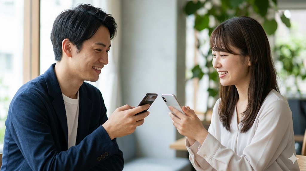 デートの約束が決まり、笑顔でスマホを交換してLINEの連絡先を追加し合う日本人の男女。