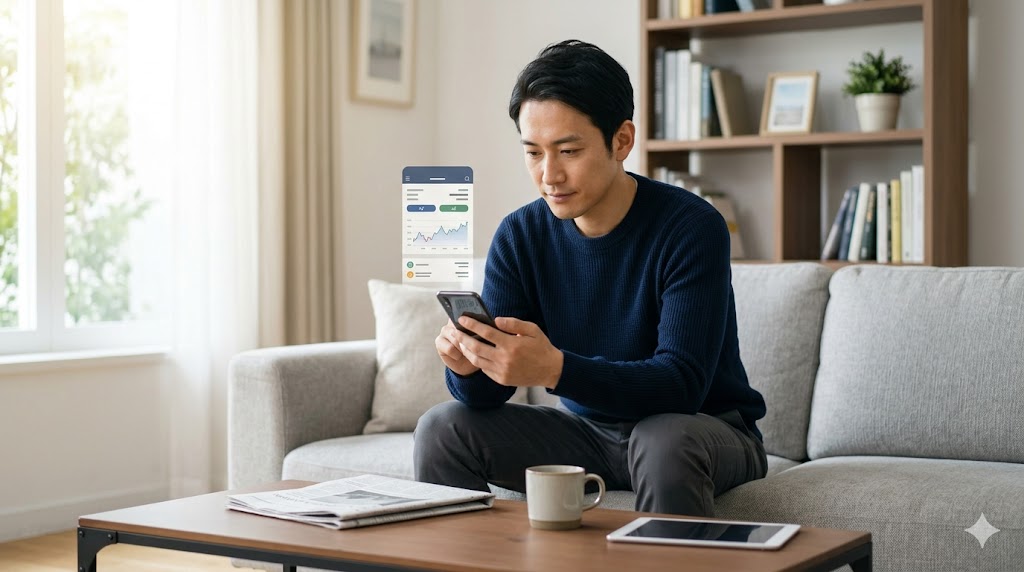 人間関係を整理して得たリソースを資産運用や自己研鑽に投資する日本人男性。