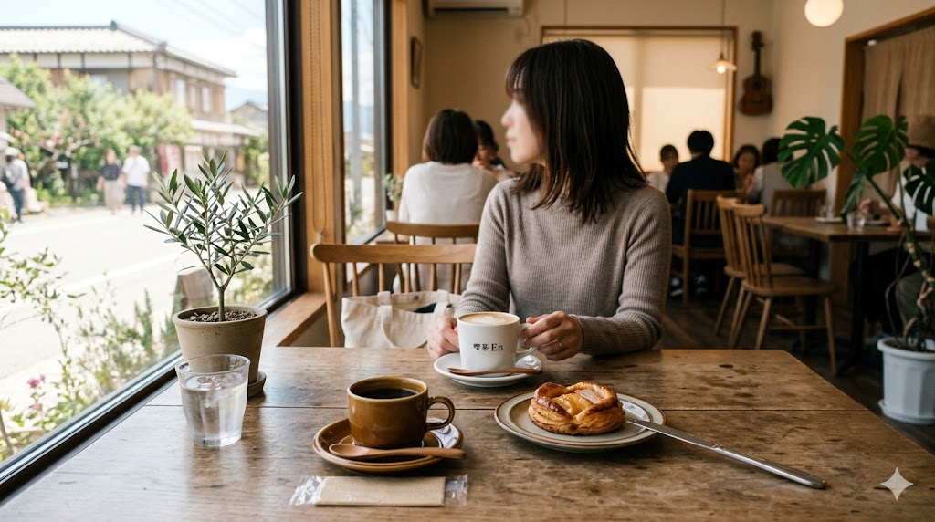 陽光が差し込む明るいカフェのテーブルに並んだ、二つのコーヒーカップとスイーツ。