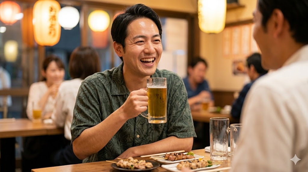 居酒屋で友人と談笑中に見せた自然な笑顔の日本人男性。親しみやすさを与える日常の一コマ。