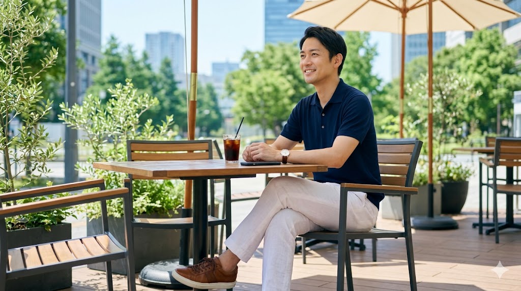 夏の初対面で好感度を上げる爽やかな着こなし」の直後、H3見出し「男性は襟付きアイテムでキチンと感を」の前。