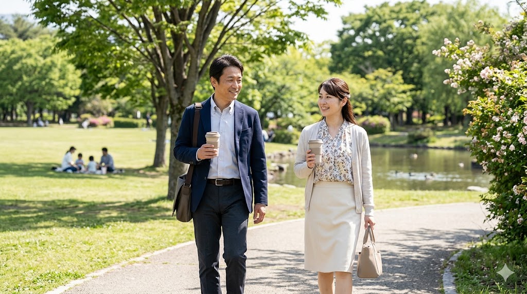 緑豊かな公園でコーヒーを片手に並んで歩く日本人のカップル。リラックスして本音で話しやすい昼の散歩デートの様子。