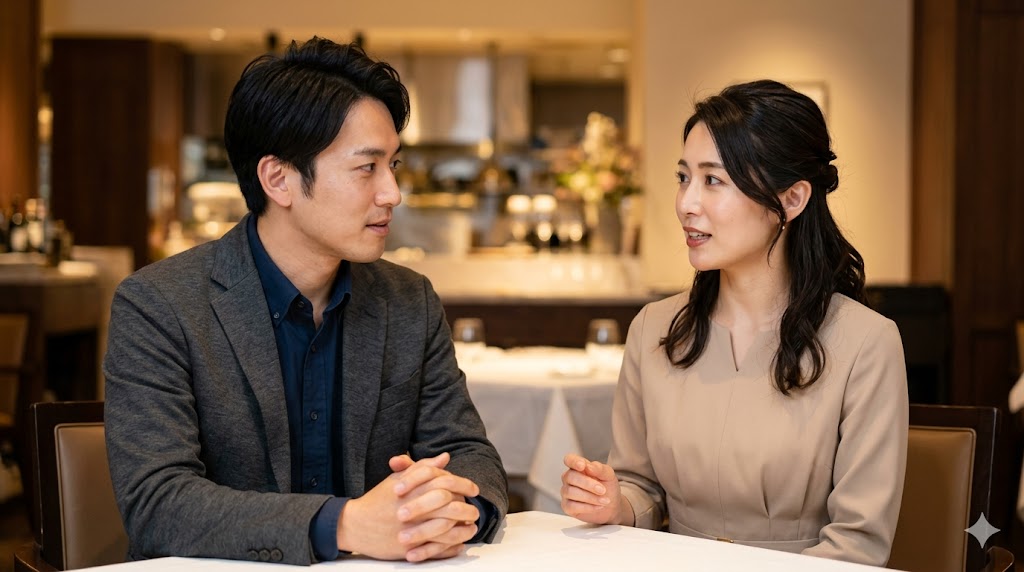 落ち着いたレストランで、真剣かつ温かい表情で将来について語り合う30代の日本人カップル。結婚を意識した出会いにおける経済力や価値観の共有を象徴。