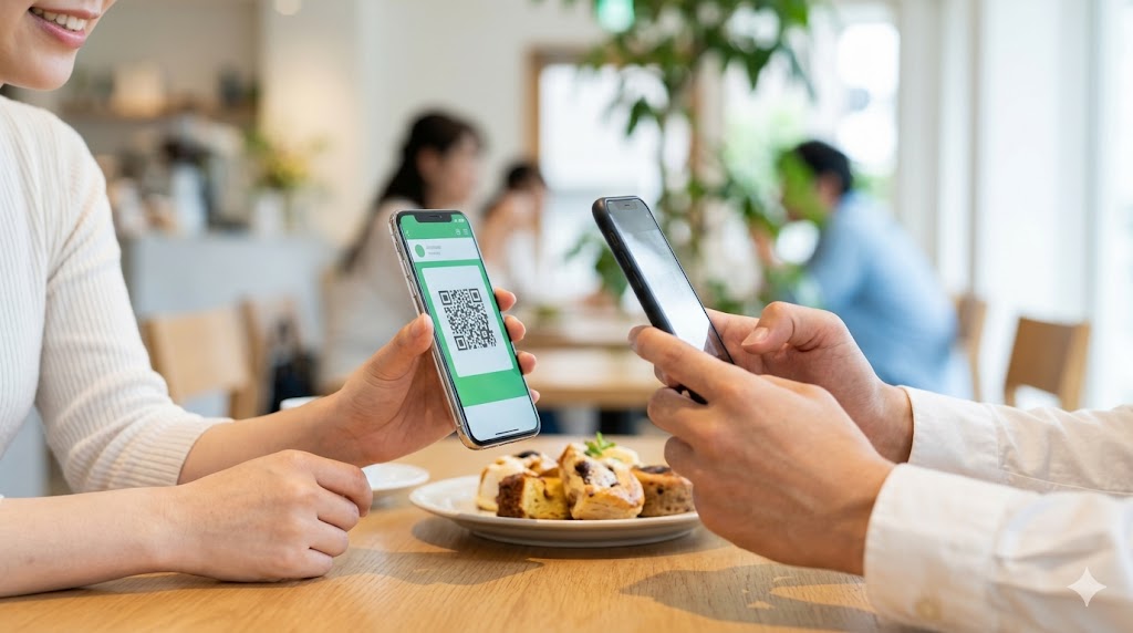 カフェで、日本人カップルが笑顔で互いのスマホを使い、LINEのQRコードを読み取って連絡先を交換する様子。