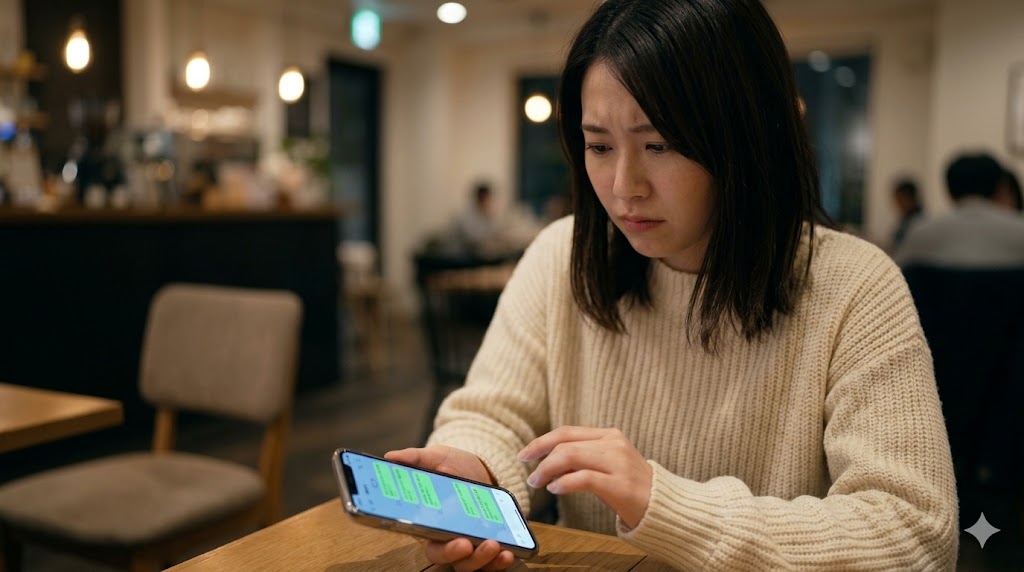 スマートフォンで強引なデートの誘いを受け、警戒心と不快感を抱く日本人女性。
