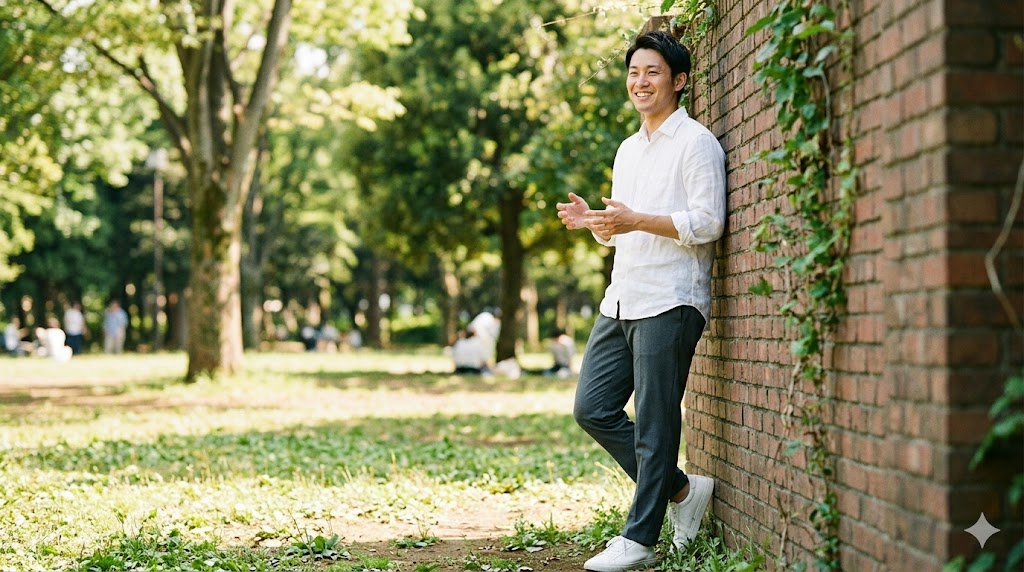 屋外で友人に撮影されたような、自然な笑顔と清潔感のある日本人男性のプロフィール写真例