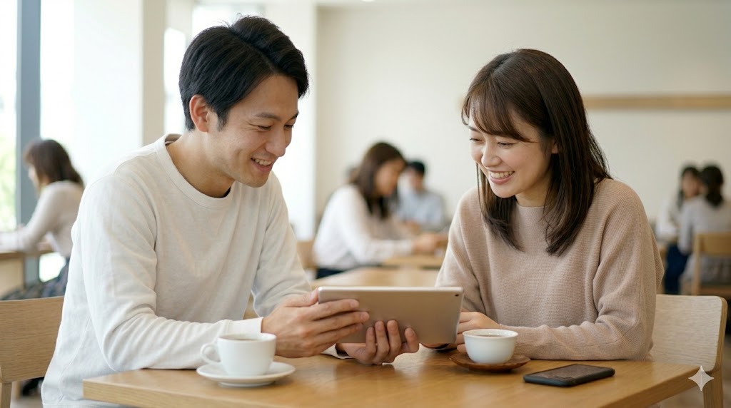 マッチングアプリで出会った日本人カップルが、昼間のカフェでタブレットを一緒に見ながら、リラックスして楽しそうに会話する様子。好意が伝わる「脈あり」サインの一例。