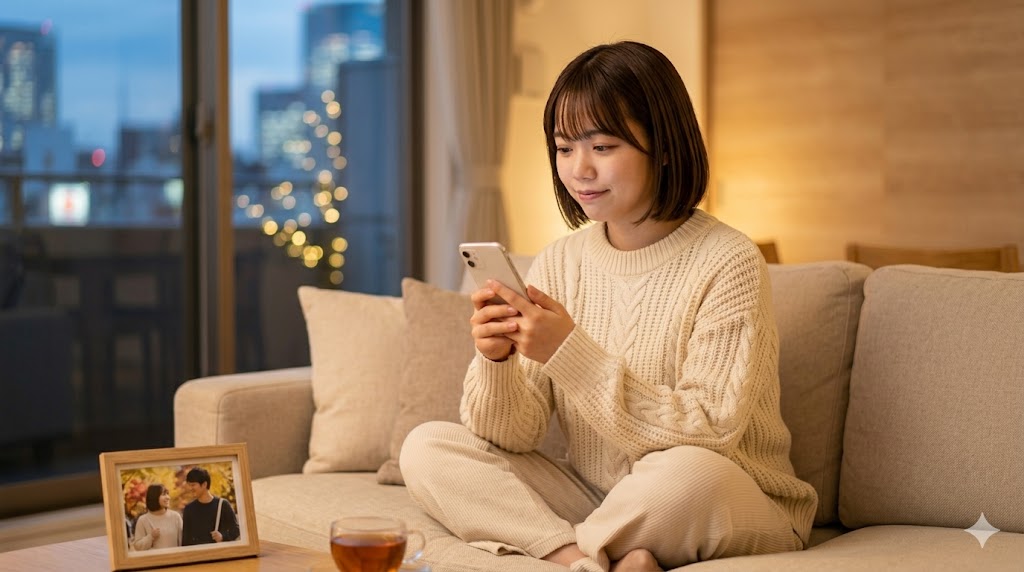相手の行動に違和感を覚え、一人で冷静に状況を考える日本人女性