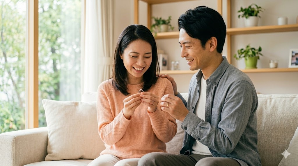 明るいリビングで、幸せそうに結婚指輪を見つめる日本人カップル。E-E-A-T向上のためのイメージ。