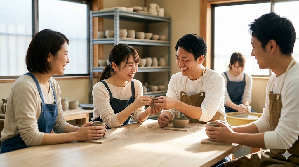 京都の陶芸教室で、笑顔で会話しながら作品を作る日本人の男女グループ。趣味のコミュニティでの出会いを表現。