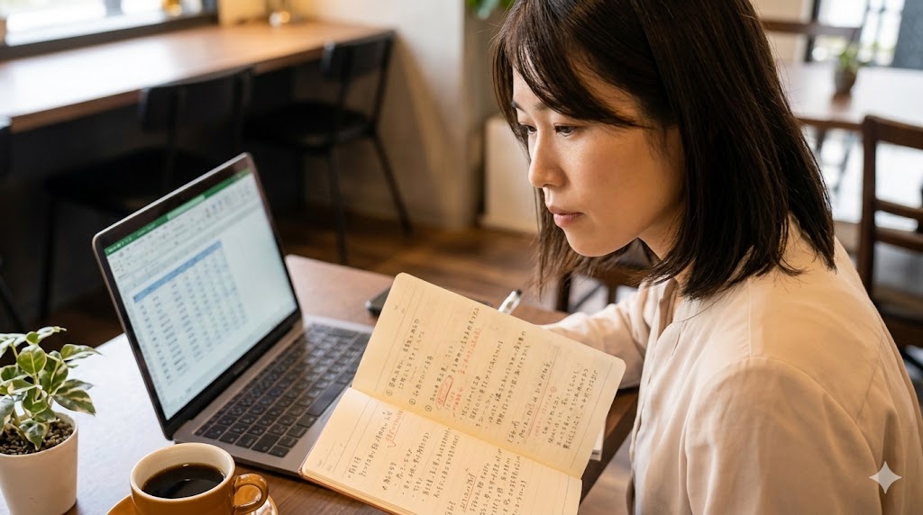 資格取得やスキルアップのために、一人カフェで自己投資に励み充実感を得ている30代女性。