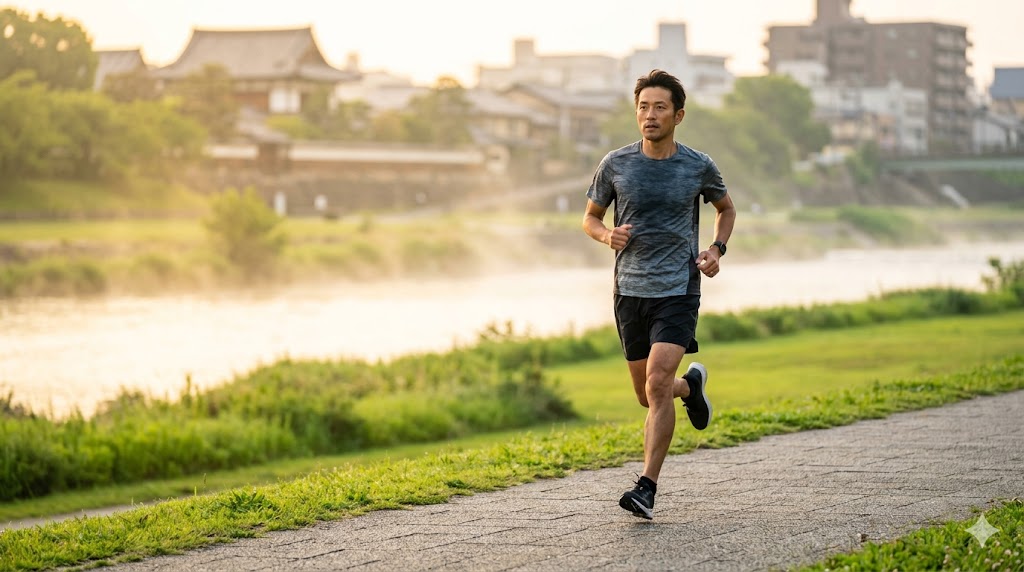 朝霧が立ち込める川沿いの道を、朝日を浴びながら真剣な表情でランニングする40代の日本人男性。